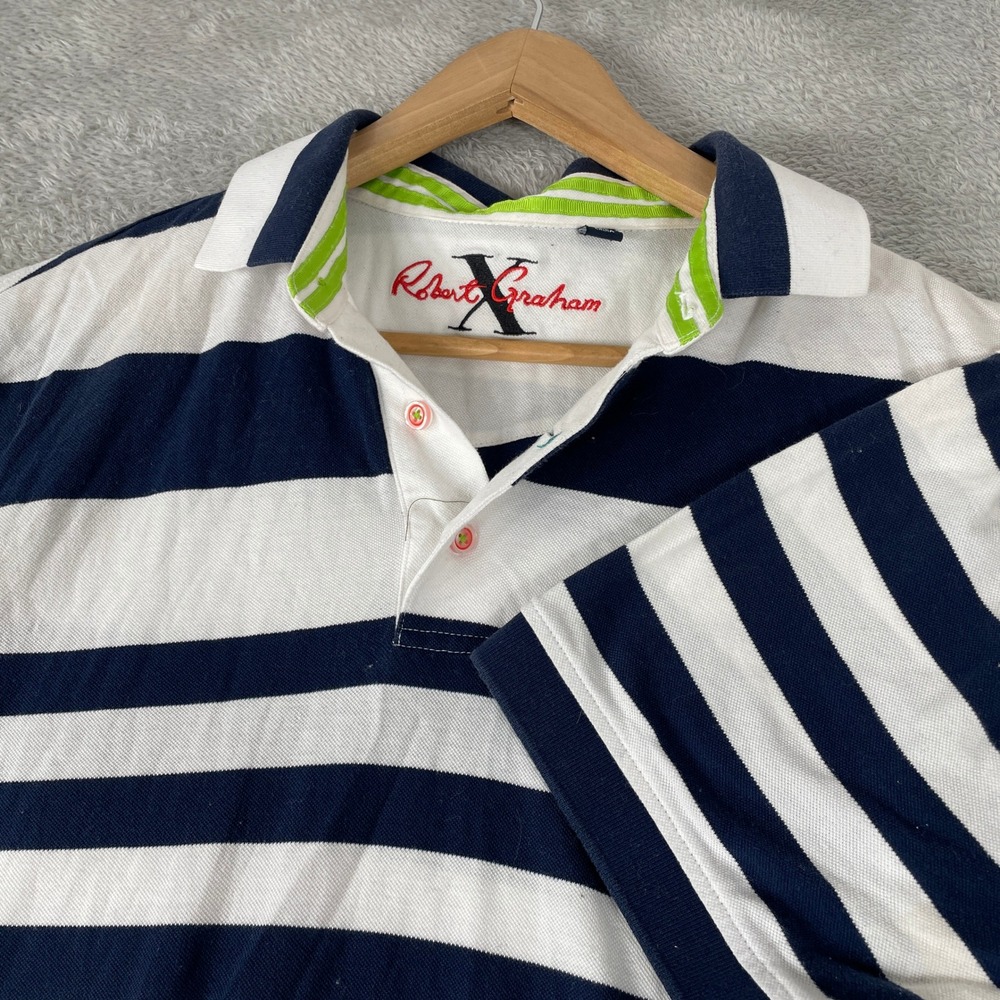 Robert Graham Polo Shirt Mens Large Navy White Striped X Collection Preppy Sport